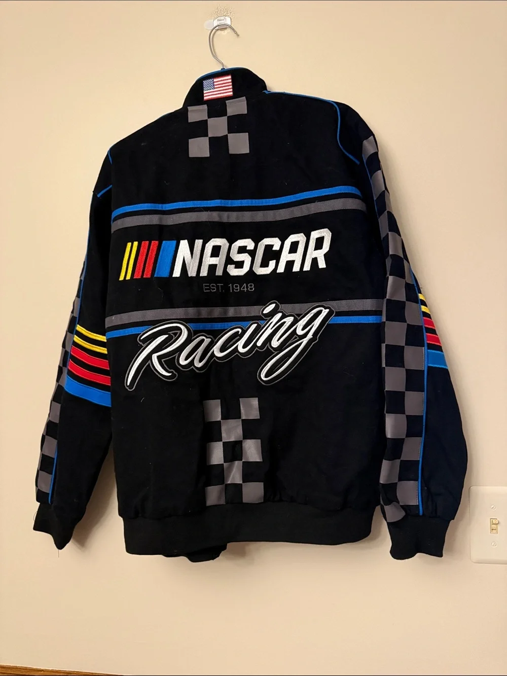Nascar Black Racing Jacket with Multicolor Stripe Accents - Picture 5 of 6